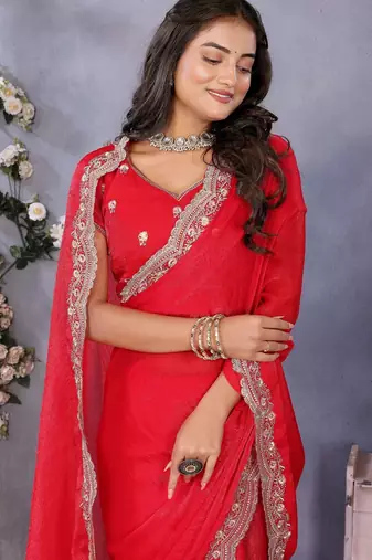 Red fandy chiffon resham embroiderd saree with matching blouse piece