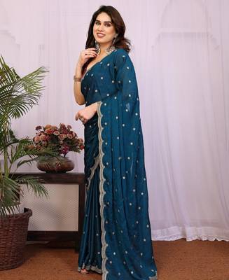 teal sequin embroidery soft silk crush saree with blouse 2