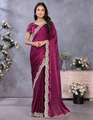 Purple fandy chiffon resham embroiderd saree with matching blouse piece 1