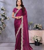 Purple fandy chiffon resham embroiderd saree with matching blouse piece