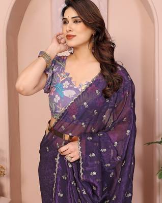 Purple crunchy crush silk saree with embroidery work and contrast printed blouse piece 5