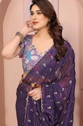 Purple crunchy crush silk saree with embroidery work and contrast printed blouse piece
