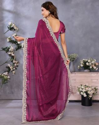 Purple fandy chiffon resham embroiderd saree with matching blouse piece 2