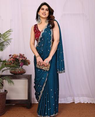 teal sequin embroidery soft silk crush saree with blouse 3