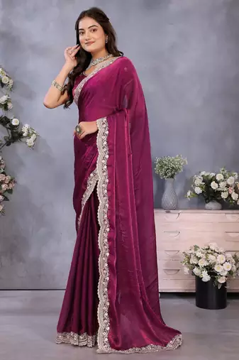 purple fandy chiffon resham embroidered party wear saree