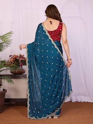 teal sequin embroidery soft silk crush saree with blouse 4