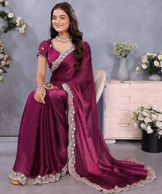 Purple fandy chiffon resham embroiderd saree with matching blouse piece 4