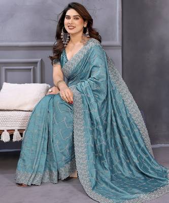 sky blue sequin vichitra silk saree with blouse 3