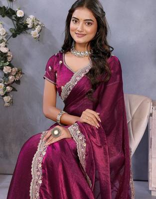 Purple fandy chiffon resham embroiderd saree with matching blouse piece 5