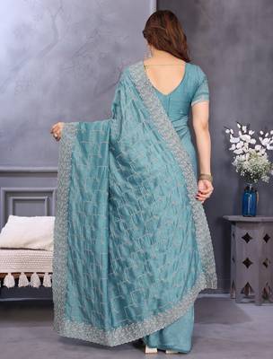 sky blue sequin vichitra silk saree with blouse 4
