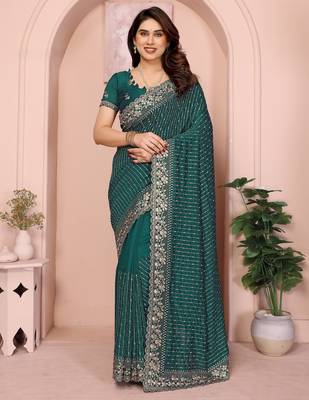 green sequin embroidery vichitra silk saree with blouse 1