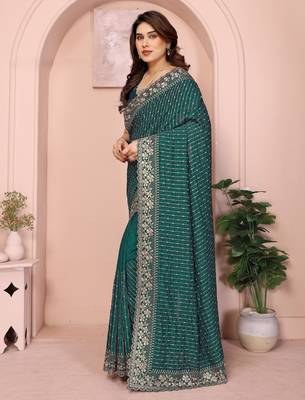 green sequin embroidery vichitra silk saree with blouse 2