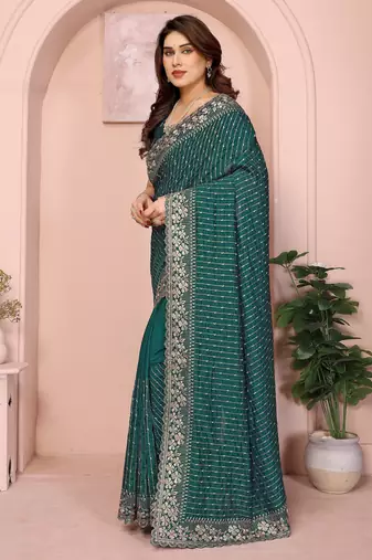 green sequin embroidery vichitra silk saree with blouse