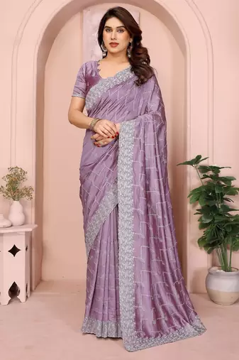 Lavender vichitra silk saree with sequence embroidery work and matching blouse piece