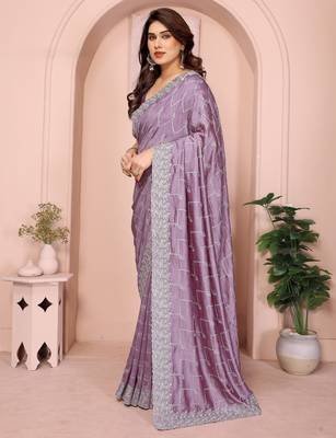 Lavender vichitra silk saree with sequence embroidery work and matching blouse piece 2