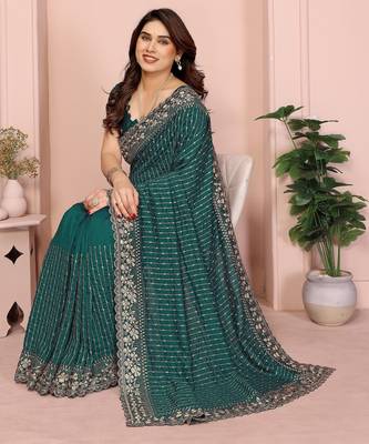 green sequin embroidery vichitra silk saree with blouse 3
