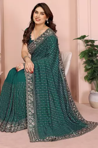 green sequin embroidery vichitra silk saree with blouse