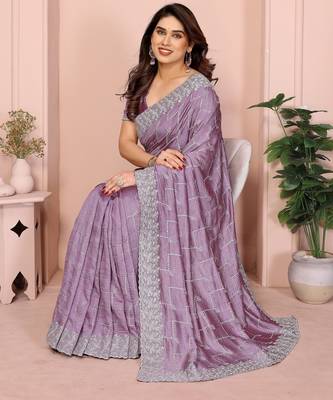 Lavender vichitra silk saree with sequence embroidery work and matching blouse piece 3