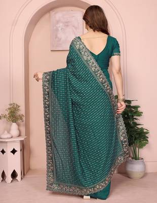 green sequin embroidery vichitra silk saree with blouse 4