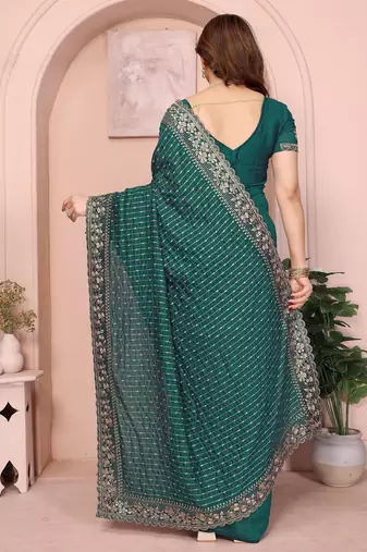 green sequin embroidery vichitra silk saree with blouse