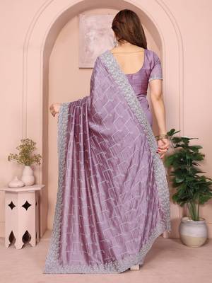 Lavender vichitra silk saree with sequence embroidery work and matching blouse piece 4