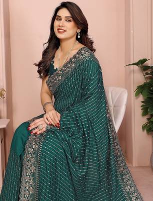 green sequin embroidery vichitra silk saree with blouse 5