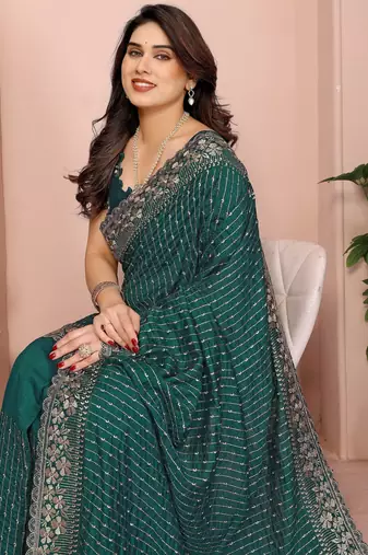 green sequin embroidery vichitra silk saree with blouse