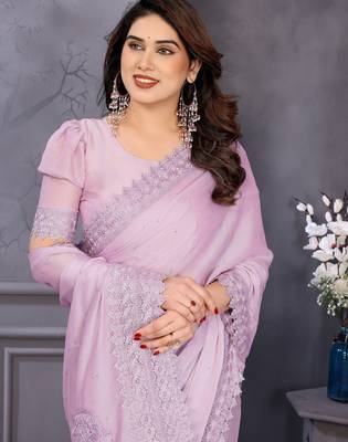 pink rangoli silk saree with sequin embroidered lace border and blouse piece 4