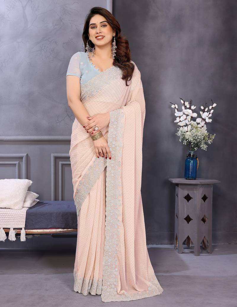 Peach soft georgette embroidered border saree with matching blouse piece