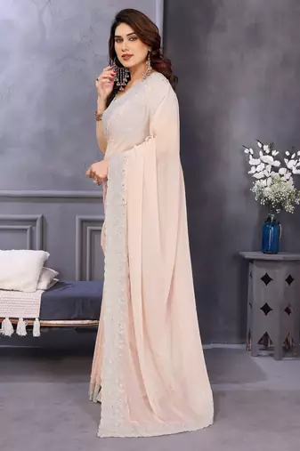 Peach soft georgette embroidered border saree with matching blouse piece