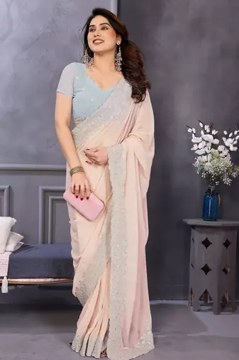 Peach soft georgette embroidered border saree with matching blouse piece