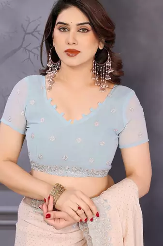 Peach soft georgette embroidered border saree with matching blouse piece
