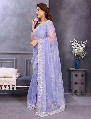light lavender embroidered net twill saree with blouse 2