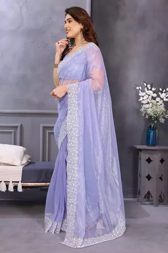 Light lavender soft twill net embroidered border saree with matching blouse piece