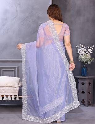 light lavender embroidered net twill saree with blouse 3