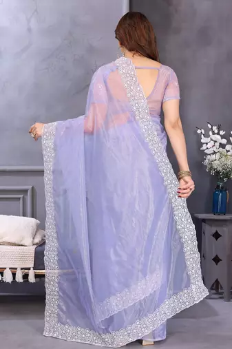 Light lavender soft twill net embroidered border saree with matching blouse piece