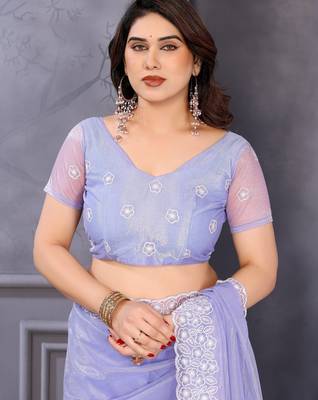 light lavender embroidered net twill saree with blouse 4