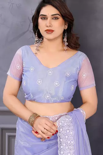 Light lavender soft twill net embroidered border saree with matching blouse piece