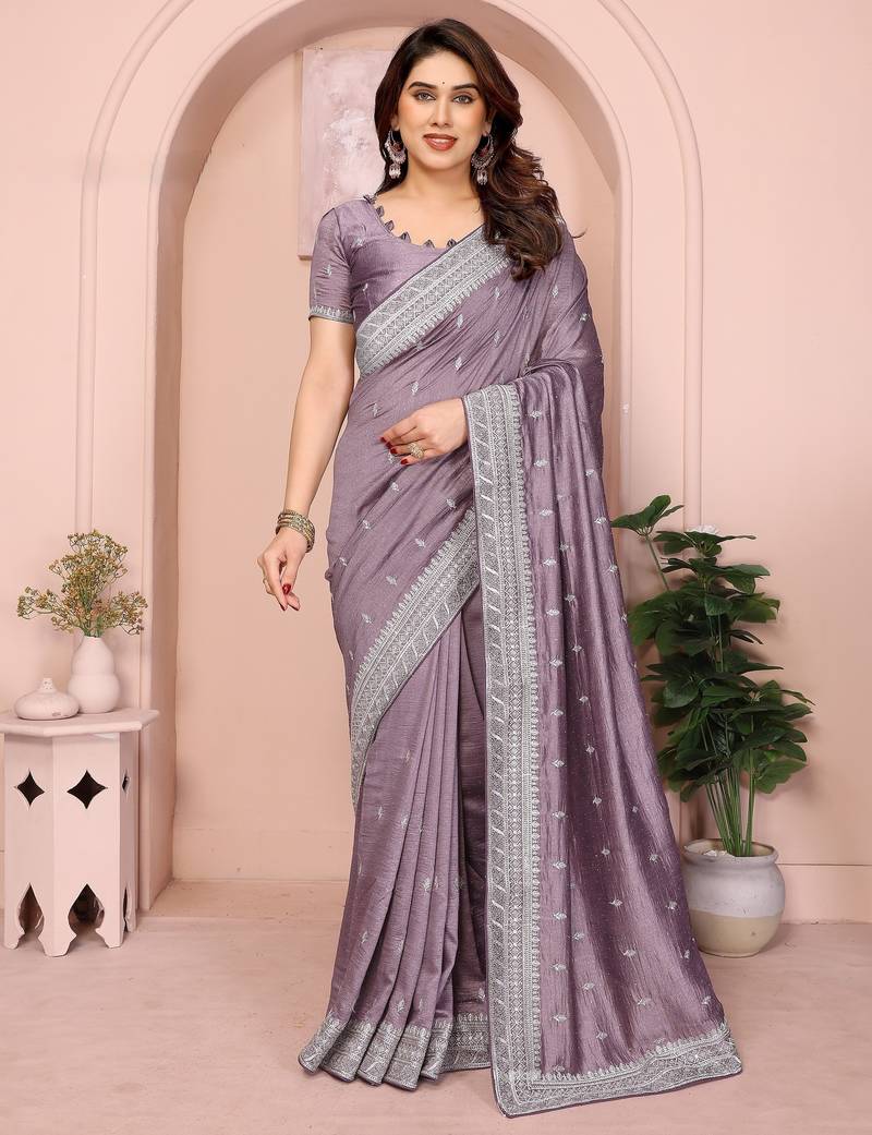 Lavender vichitra silk saree sequence embroidered saree with matching blouse piece