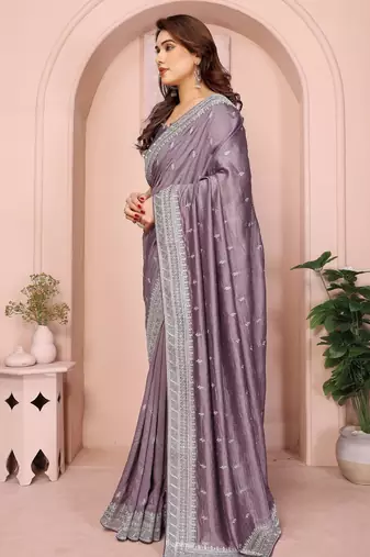 Lavender vichitra silk saree sequence embroidered saree with matching blouse piece