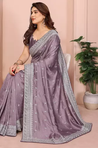 Lavender vichitra silk saree sequence embroidered saree with matching blouse piece