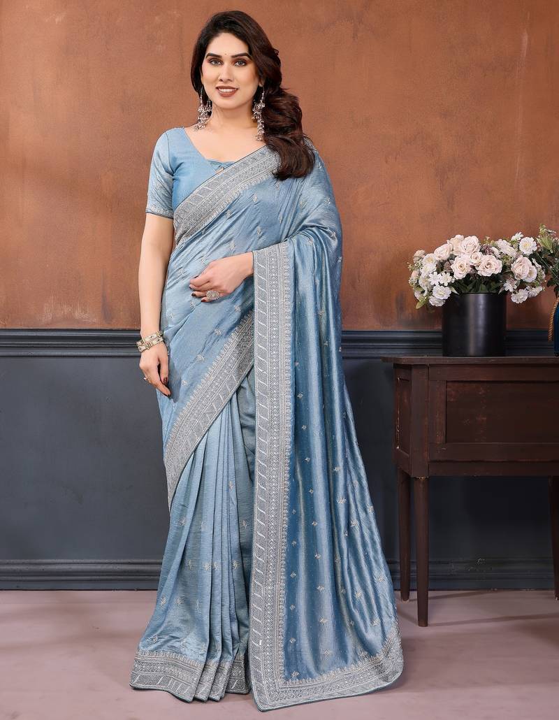 Sky blue vichitra silk saree sequence embroidered saree with matching blouse piece