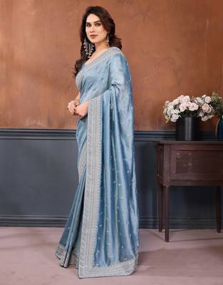 sky blue vichitra silk sequin embroidered party wear saree 2