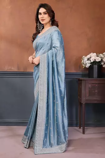 Sky blue vichitra silk saree sequence embroidered saree with matching blouse piece