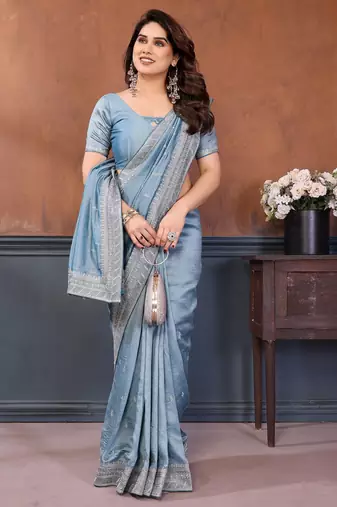 Sky blue vichitra silk saree sequence embroidered saree with matching blouse piece