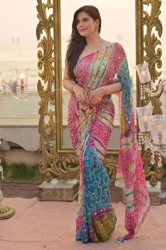 Soft Tabby With Digital Print And Real Miroor work Saree With Blouse For Women's