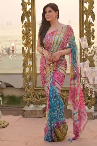 Soft Tabby With Digital Print And Real Miroor work Saree With Blouse For Women's