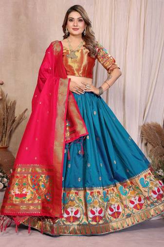 Silk Lehenga Choli with Paithani Border & Teal Blue Dupatta Traditional Festive & Wedding Wear Lehenga Set for Women