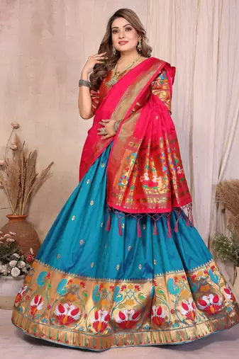 Silk Lehenga Choli with Paithani Border & Teal Blue Dupatta Traditional Festive & Wedding Wear Lehenga Set for Women