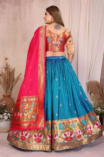 Silk Lehenga Choli with Paithani Border & Teal Blue Dupatta Traditional Festive & Wedding Wear Lehenga Set for Women
